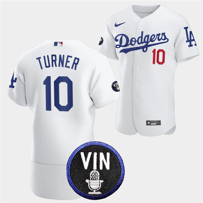 Men's Los Angeles Dodgers #10 Justin Turner 2022 White Vin Scully Patch Flex Base Stitched Baseball Jersey